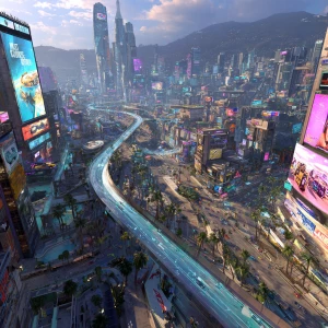 Visualize street view wide shots of a dystopian Los Angeles reim...