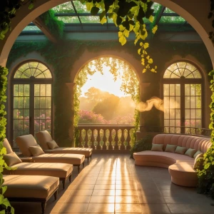 Sunbeam Lounge Under Ivy Canopy
A radiant solarium where golden...