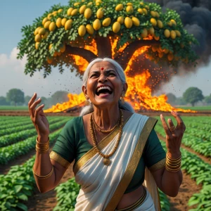 An evil-looking elderly Indian village woman laughing loudly whi...