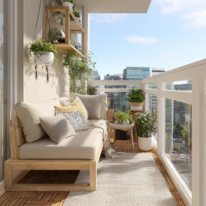 Create a modern small balcony setting featuring light wood furni...