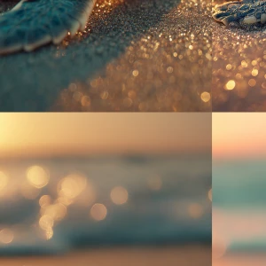 Coco the baby sea turtle on a sandy beach at sunrise, warm golde...