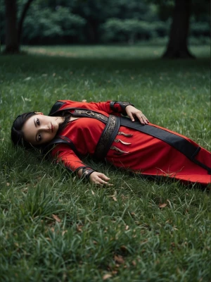 Generate an image of a girl lying on the grass, wearing a red Ki...