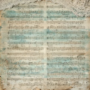 Aged music sheets overlapped with lace/doily corners; pale teal...