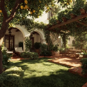 Create an image featuring a Mediterranean-inspired courtyard wit...