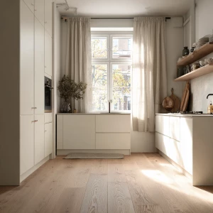 Create a serene Scandinavian kitchen scene with soft daylight ge...