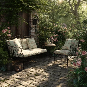 Create a serene outdoor garden scene with a rustic charm. Includ...