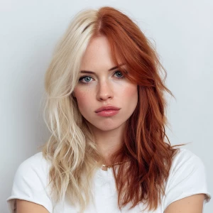 Female supermodel with half blonde half red hair. She has a conf...