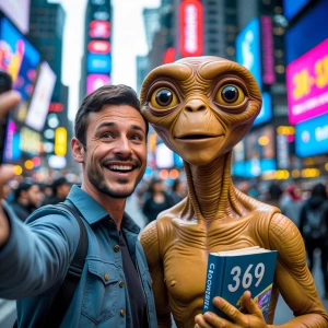 Create an image of a man taking a selfie with a life-sized, real...
