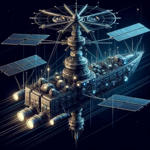 A gleaming retro-futuristic satellite schooner, its intricate me...