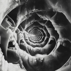 A terrifying glitch effect digital painting depicting an infinit...