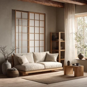 Create an interior design scene inspired by the Japandi aestheti...
