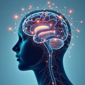 A schematic of a machine-brain interface with flickering hologra...