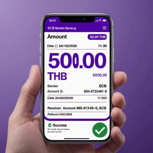 Realistic Thai SCB mobile banking transfer slip, purple theme, v...