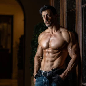 The image depicts a muscular,bodybuilder Italian man standing in...