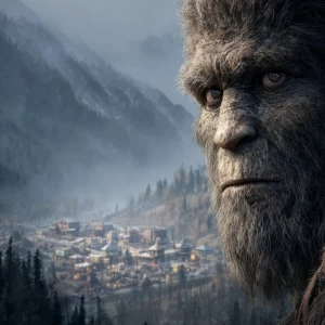 A humanoid looking haircovered manlike sasquatch stares at a Ind...