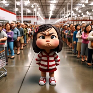 Claymation scene of a girl with an impatient look on her face at...