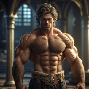 Generate an image of a hairy, muscular prince with a prominent b...