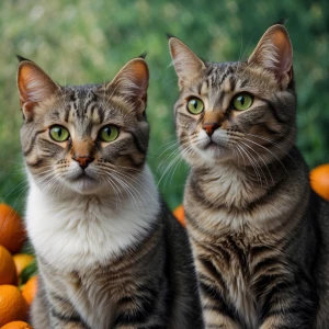 two gray cats. one boy and one girl. girl has green eyes. boy ha...