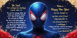 Make a happy new year card  with dhasing cool  anime spider man...