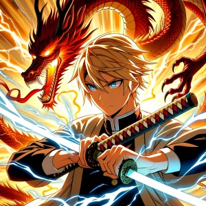 zenitsu agatsuma with thunder all around him forming the shape o...