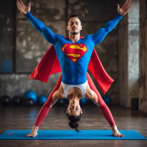 Acro yoga Superman Pose mit Frau als base und dünnen Mann als fl...