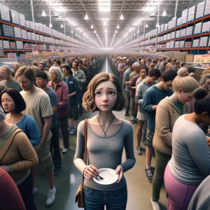 A girl waits in a very long sample line at Costco