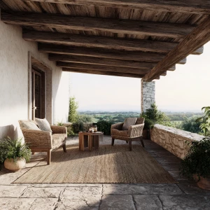 Create a realistic image of an outdoor veranda featuring wooden...