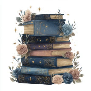 A single tall, elegantly detailed stack of Victorian books in de...