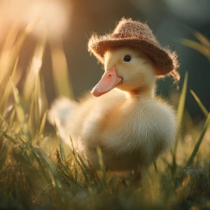A yellow feathered baby call duck ( short bill) wearing a hat ge...