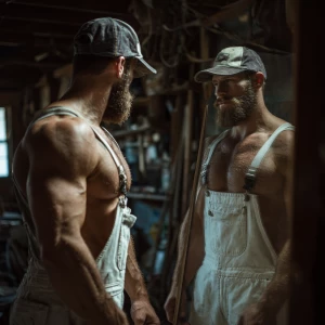 Generate an image of a muscular and hairy handyman without a shi...