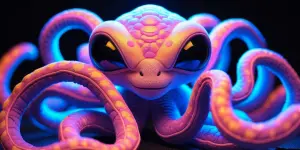 In the center of the frame, a high-tech plush tentacled alien sp...