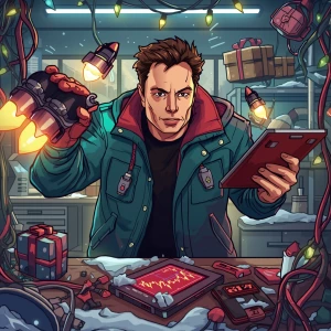 Elon Musk as a high-tech crime engineer in GTA Christmas art sty...