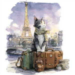 A cat traveling in Paris, water color style, pastels.