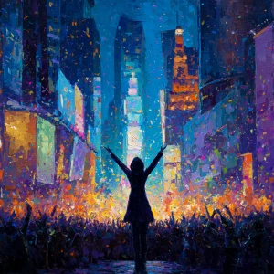 A young woman celebrating New Year's Eve amidst the vibrant ligh...