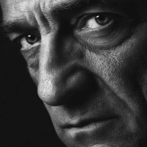 Ultra realistic big close-up portrait of Robert De Niro, black a...