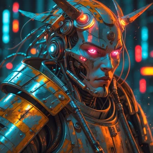 A hauntingly vibrant cyborg samurai, every detail radiates a mix...