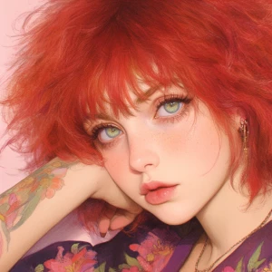 A beautiful redhead supermodel woman, with both hands supporting...