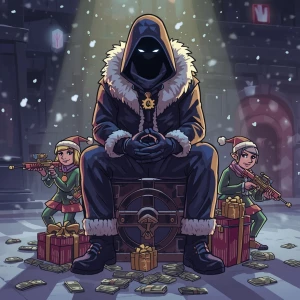 Mysterious crime boss in GTA Christmas cartoon style, shadowed f...