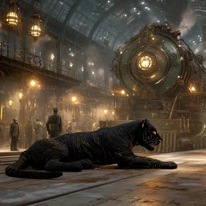 At a colossal steampunk train station filled with fog and clatte...