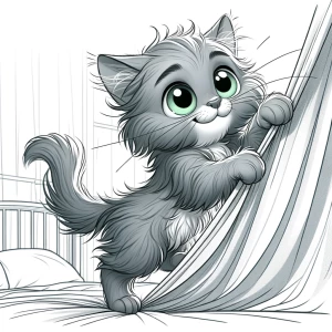 Generate an image of a playful gray kitten with fluffy fur and b...