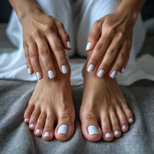 Make lady sitting down and show off her feet white white nails