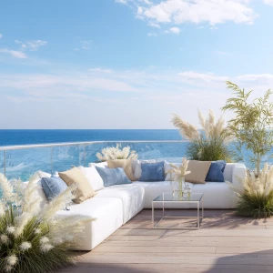 Create a scene of a luxurious coastal lawn with a stunning ocean...