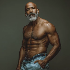 Generate an image featuring a mature, muscular man exuding confi...
