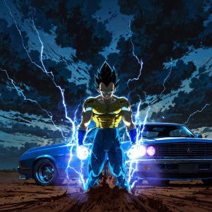 Vegeta powering up for Final Flash, glowing hands, blue and yell...