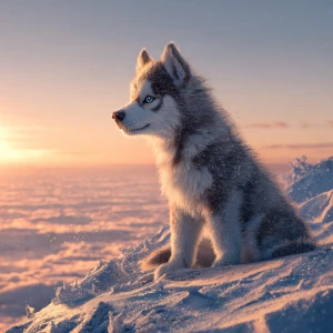 A fluffy husky puppy with bright ice-blue eyes sits atop a snowy...