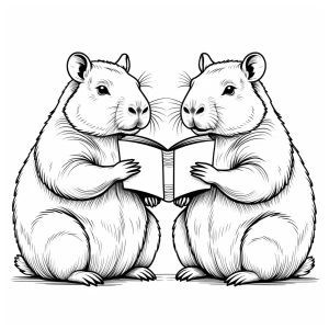 "Two adorable large capybaras sitting side by side, reading a bo...