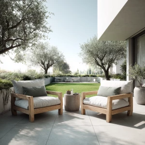 Minimalist Scandinavian-style lawn with pale wood furniture, lig...