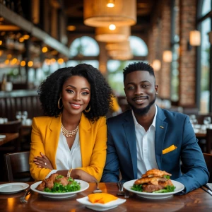 Beautiful young Nigeria couple sitting in a beautiful restaurant