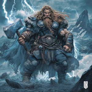 Full-body portrait of Thor, Norse god of thunder, standing in a...