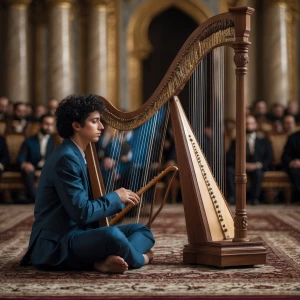 Visualize a scene where David, a young musician, sits humbly on...